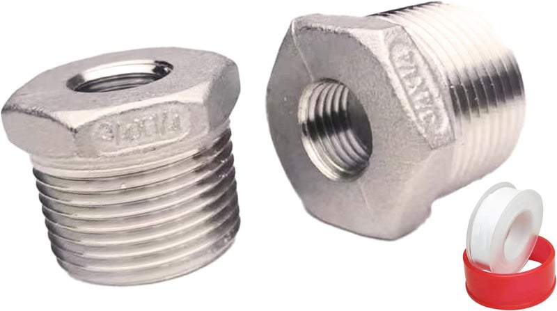 POTONZ 3/4" Male to 1/4" Female NPT Threaded Reducer Hex Bushing 304 Stainless Steel Reducing Adapter Pipe Fitting With Teflon Plumbers Tape(Pack of 2) - Image 1